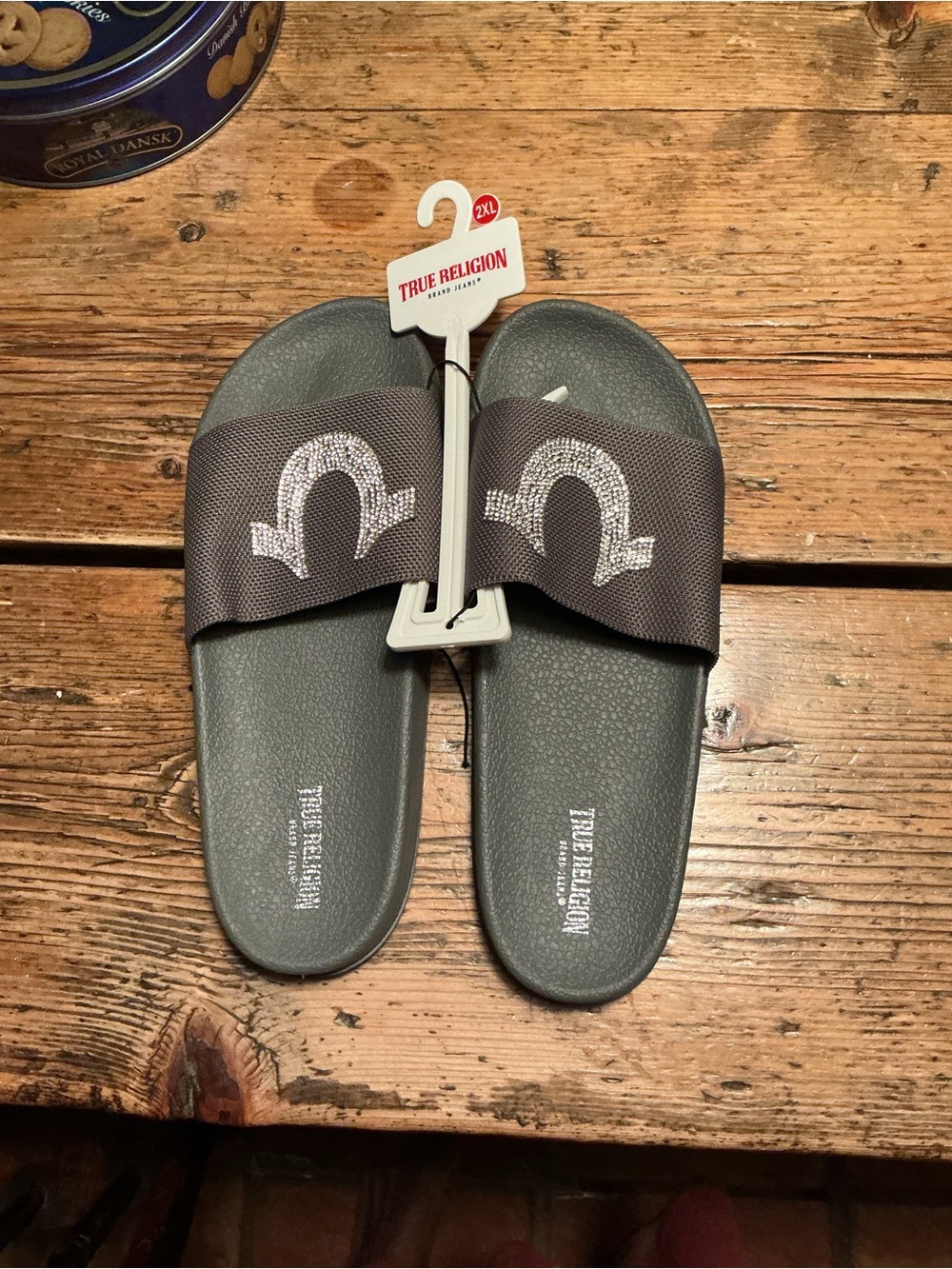 True Religion Gray Slide Sandals with White Logo
